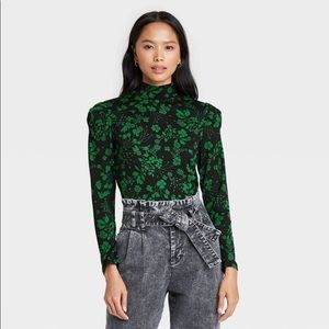Floral Puff Long Leeve Mock Turtleneck Knit Top